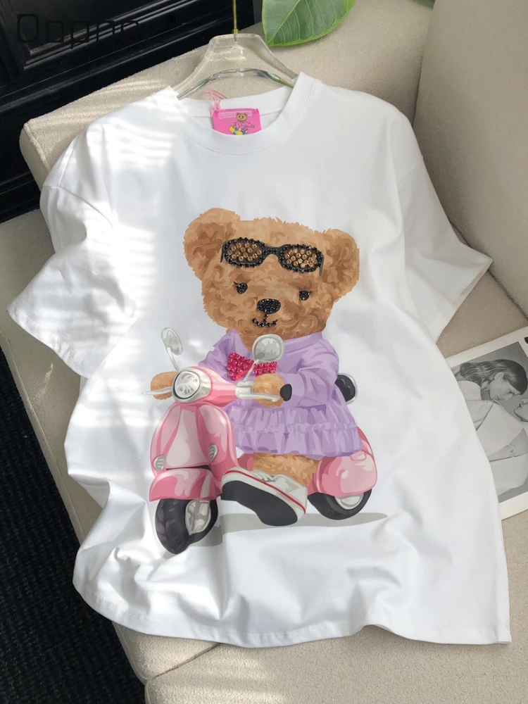 

2025 Spring Summer New Korean Version Cute Bear Tops Cartoon Diamond Printed Casual Short Sleeve T-Shirt Women Oversized T Shirt