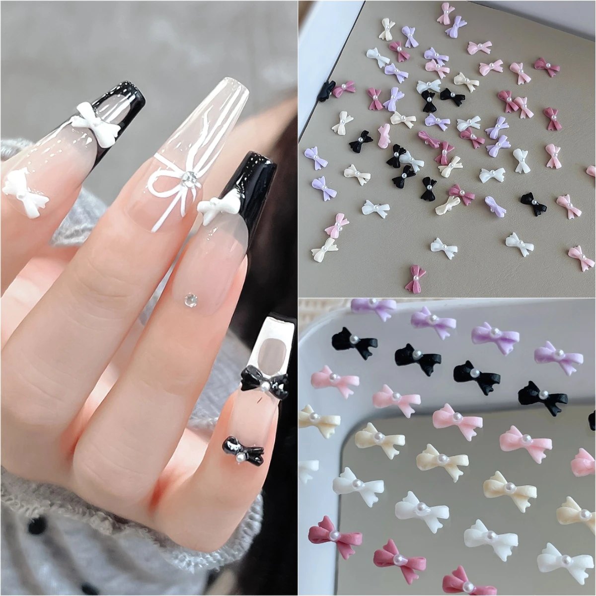 

10 Pcs/pack Lovely Pearl Colorful Ribbon Bowknot Resin Nail Art Jewelry Decoration Delicate Romantic French Manicure Accessories