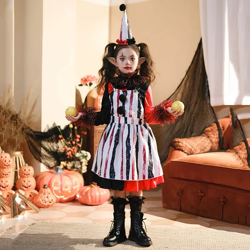 

Halloween Costume Children's Cosplay Scary Party Up Stage Show Clothing Set Kid Girl Horror Clown Fancy Dress