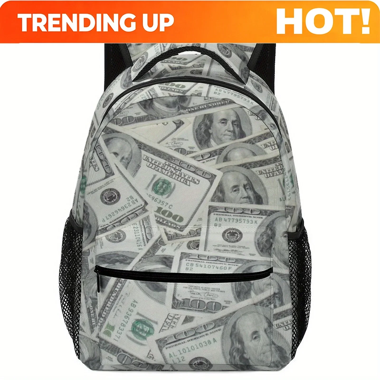 Custom Custom Cool USA Dollar Bill Fashionable Printed Backpack, Lightweight And Durable Fabric, With Adjustable Shoulder Straps