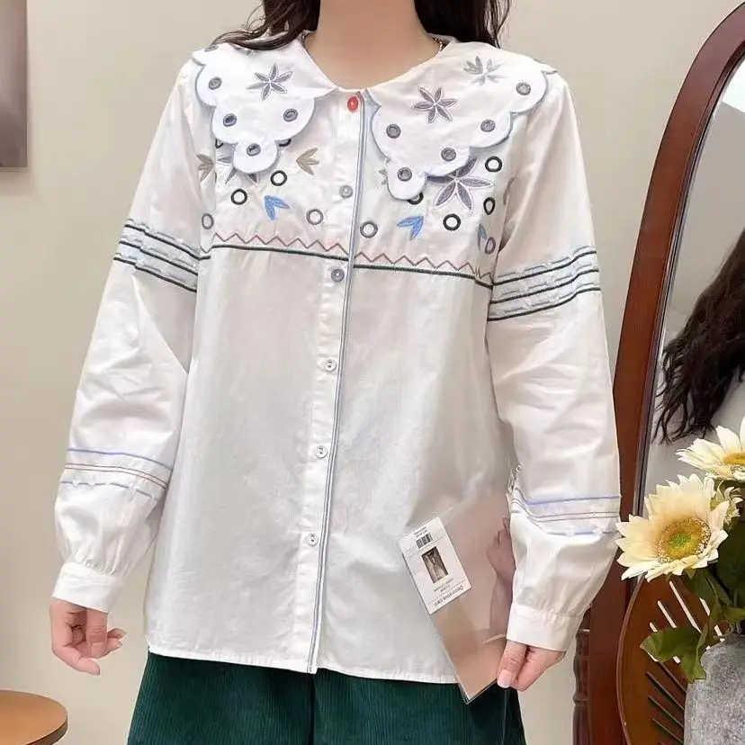 Mori girl style sweet peter pan collar embroider shirts and blouses fall clothes 2024 women autumn hollow out shirts lolita tops