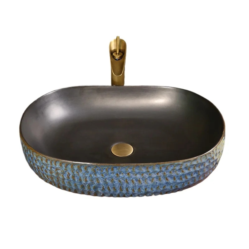 

High temperature fired Mediterranean vintage oval ceramic wash basin antique countertop basin hotel home