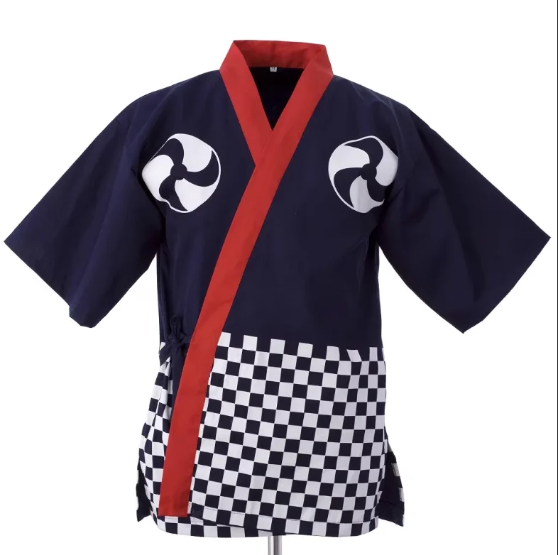 

Japanese Sushi Uniform Grid Chef Shirt Man Kimono Vintage Tops