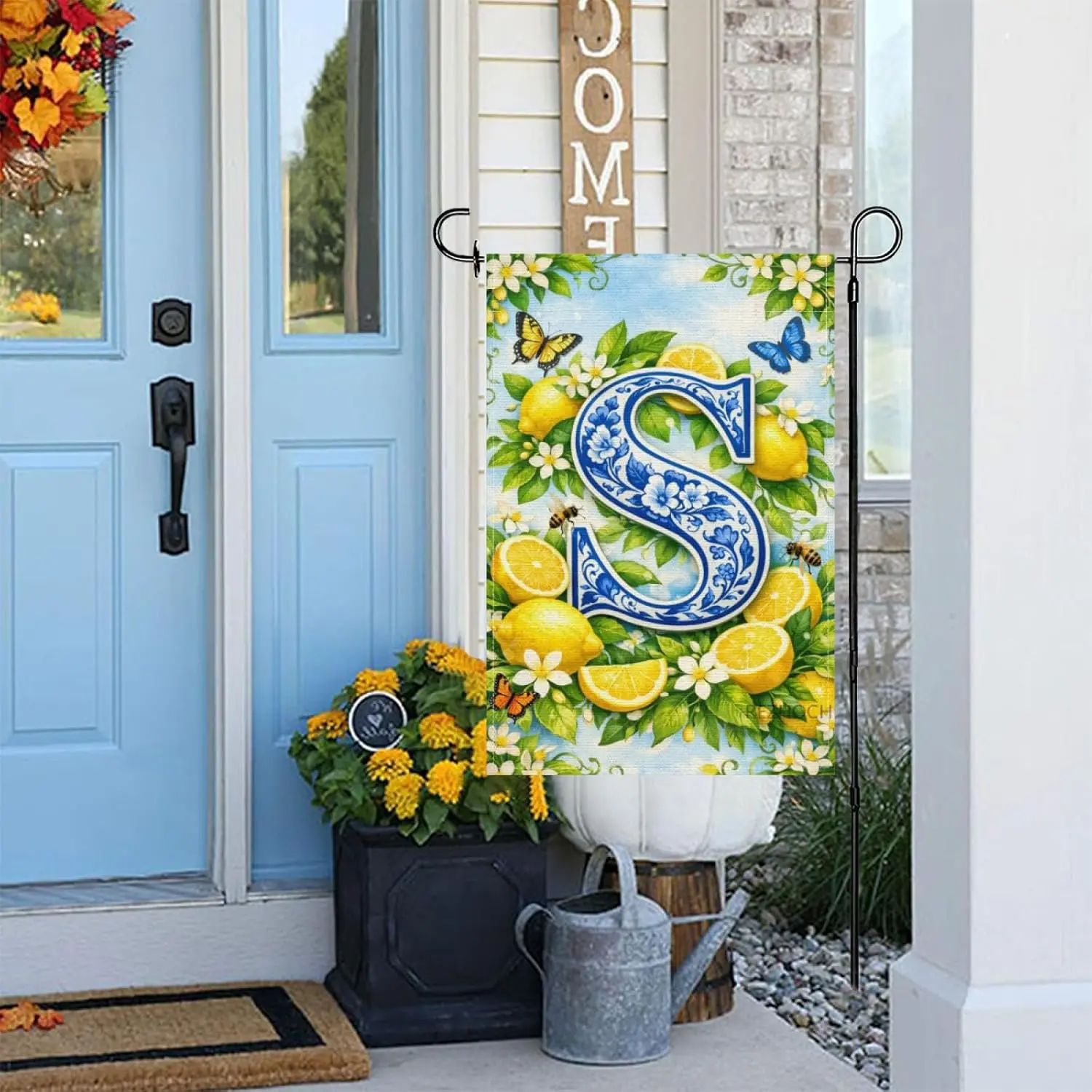 Spring Summer Lemon Monogram Garden Flag 12x18 Inch,Floral Initial S Outdoor Yard Rustic Farmhouse Citrus Decor,Double Sided AAS
