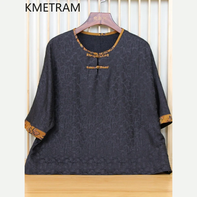 KMETRAM 100% Real Mulberry Silk Tops for Women 2026 Summer New Vintage Loose Half Sleeve T-shirt Clothes for Woman Ropa De Mujer