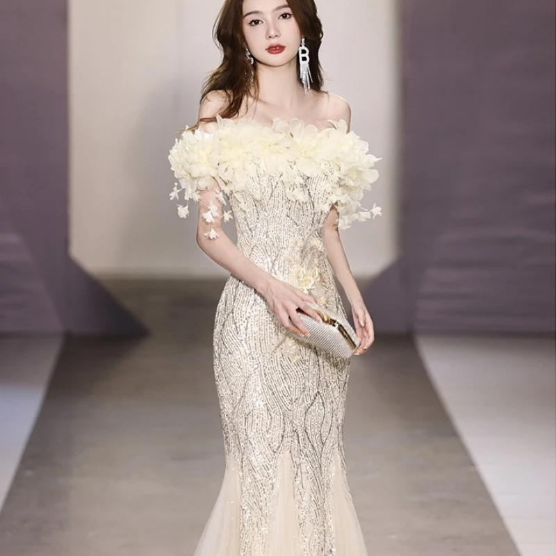 Elegant Prom Dress for Women Evening Party Off The Shoulder Sleeveless Fishtail Skirt Sequins Heavy Industry Banquet