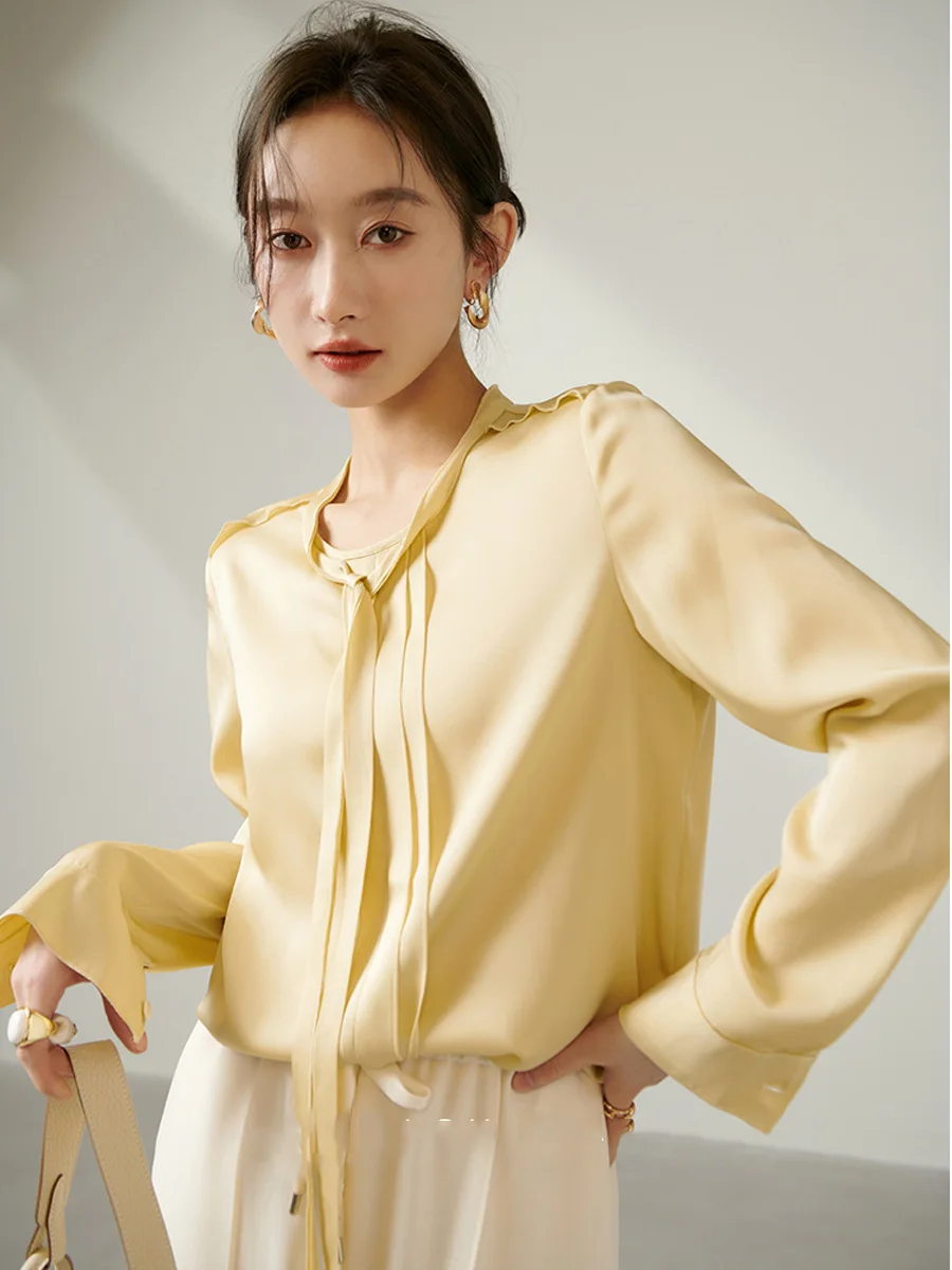 BirdTree, 19MM 90%Natural Silk Elegant Shirt, Women Scarf Collar Solid, French Commute Chic Blouse, 2024 Summer Autumn T49447CC