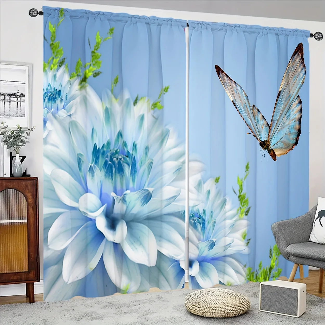 Classic Floral Print Light-Filtering Rod Pocket 2 Panels Curtain Machine Washable for Living Room Bedroom Home Decor - Set of 2