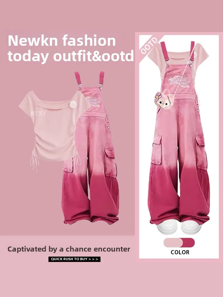 Dopne Anti-Aging Faion Set Waist-Cut ort-Sve T-irt adient Slimming Denim Overalls Summer Two-Piece Suit