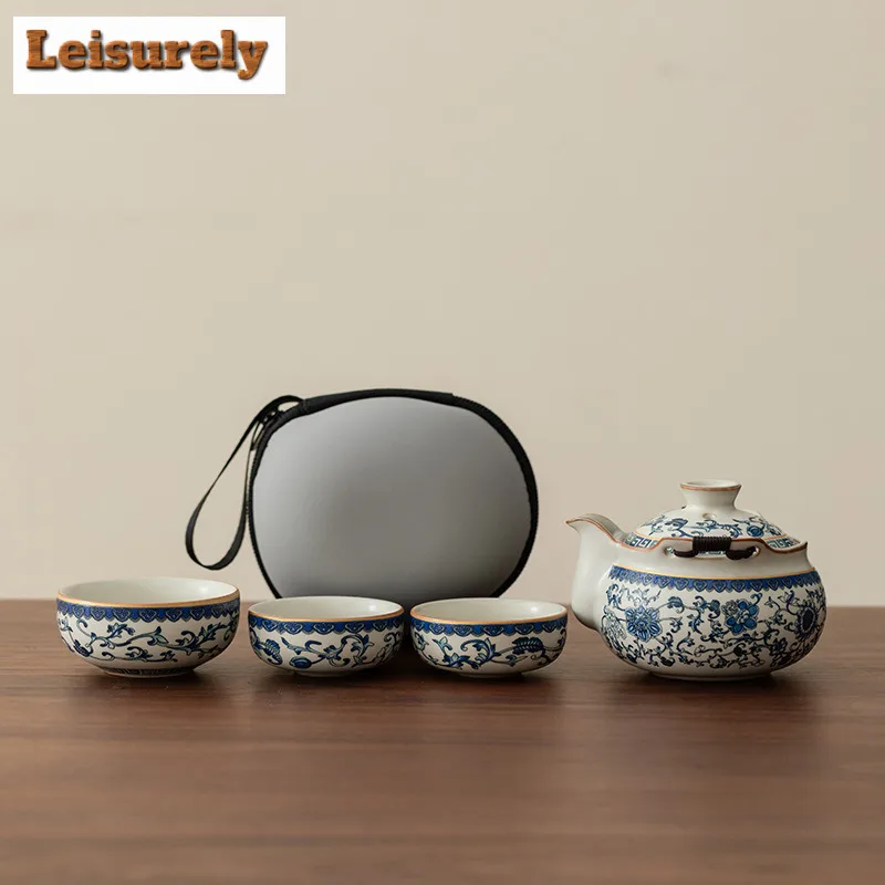 

Ru Kiln Blue And White Rice Yellow Travel Tea Set Kit Japanese 1 Pot 3 Cups Tea Maker Organizer Portable Picnic Stock Bags Gift