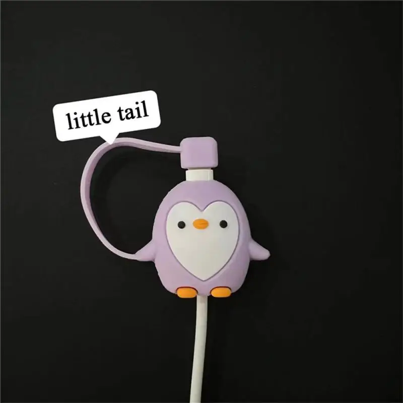 1pcs Anti-break ฝุ่นสีม่วง Winder PVC สายชาร์จข้อมูลกรณีอุปกรณ์ต่อพ่วงโทรศัพท์มือถือน่ารัก Penguin กรณี Penguin Winder