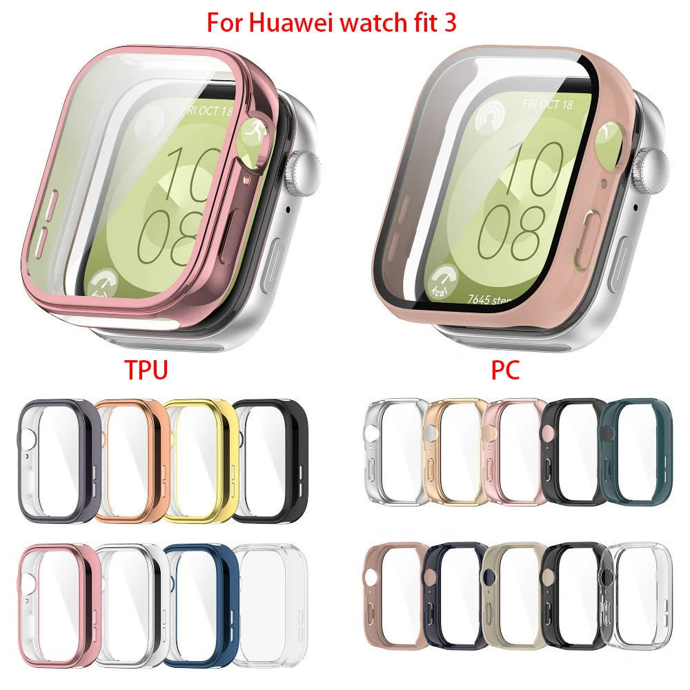 PC Case+Tempered Glass For Huawei watch fit 3  Active Full Cover Screen Protector Smartwatch Bumper Cleaning cotton