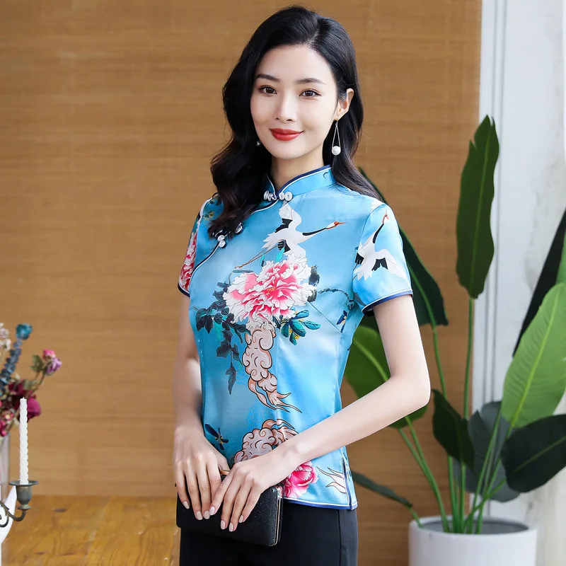 Preppy Style Retro High Quality Real Silk Blue Stand Collar Short Sleeve National Cheongsam Qipao Women's Dress Top