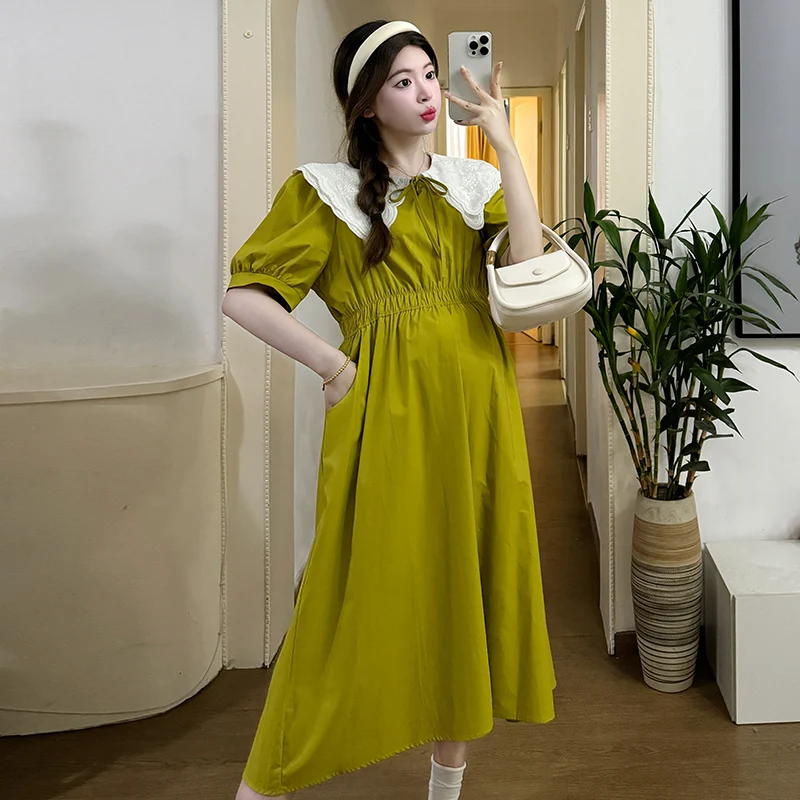 

Summer Double Layered Peter Pan Collar Fashionable Maternity Dress Green Stretched Waist Pregnant Woman A-Line Dress Wholesale