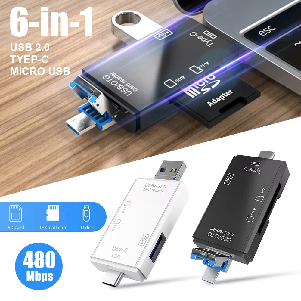 

6 in 1 Multi-Function Card Reader USB Card Reader USB 2.0 Tf Mirco Sd Smart Memory Flash Memory Mini Adapter laptop Accessories