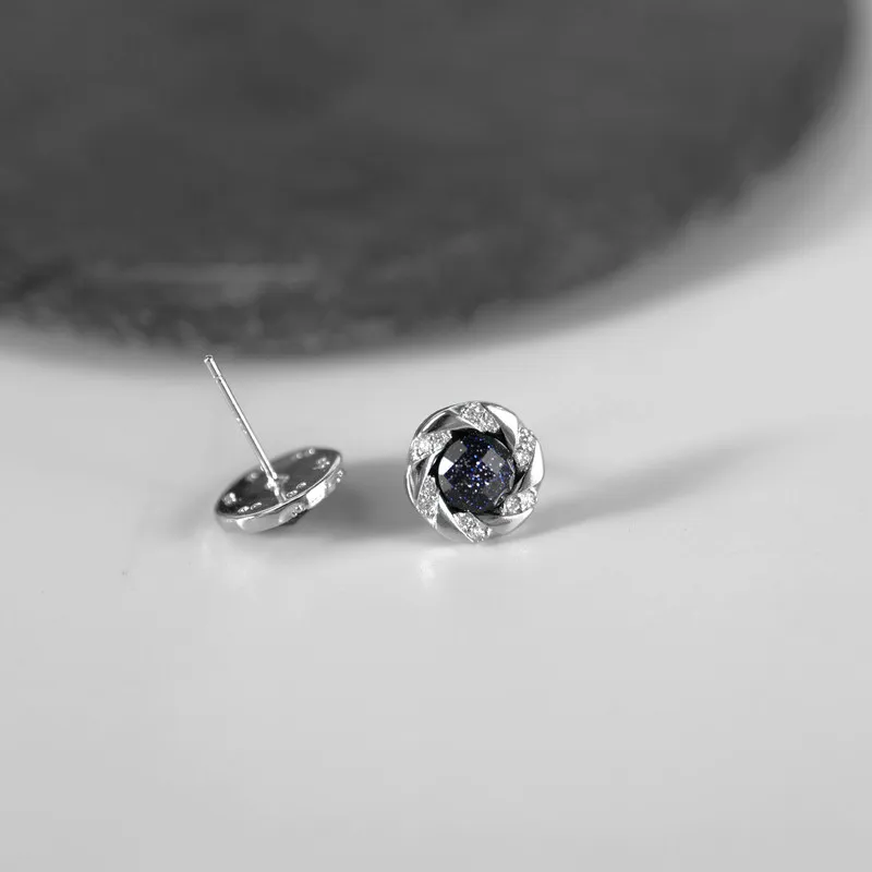 Twisted Frame Blue Sandstone Paved CZ Stainless Steel Stud Earrings Vintage Galaxy Stone Ear Piercing Jewelry for Men