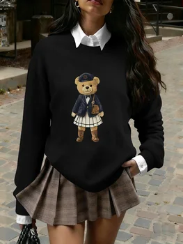 Women's Preppy Teddy Bear Print Sweater, Crew Neck Knit Pullover for Fall Winter (Only the Top Is Sold Separately) 4