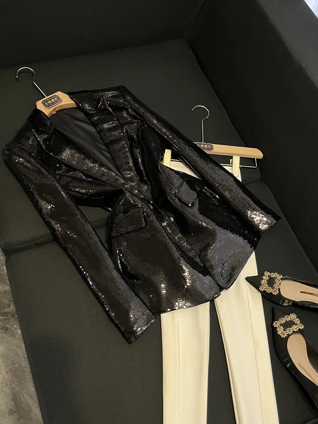 Faionable 2025 Winter Women's Single-Button BLINGBLING Sequin Suit Jaet Commute Sle Loose Fit Long Sve Mid-Length