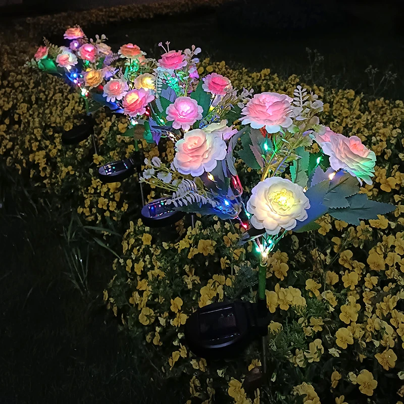 7-Head Solar Powered Outdoor Simulation Champagne Colored Hibiscus Flower Lamp Suitable For Outdoor Courtyard Wedding Light