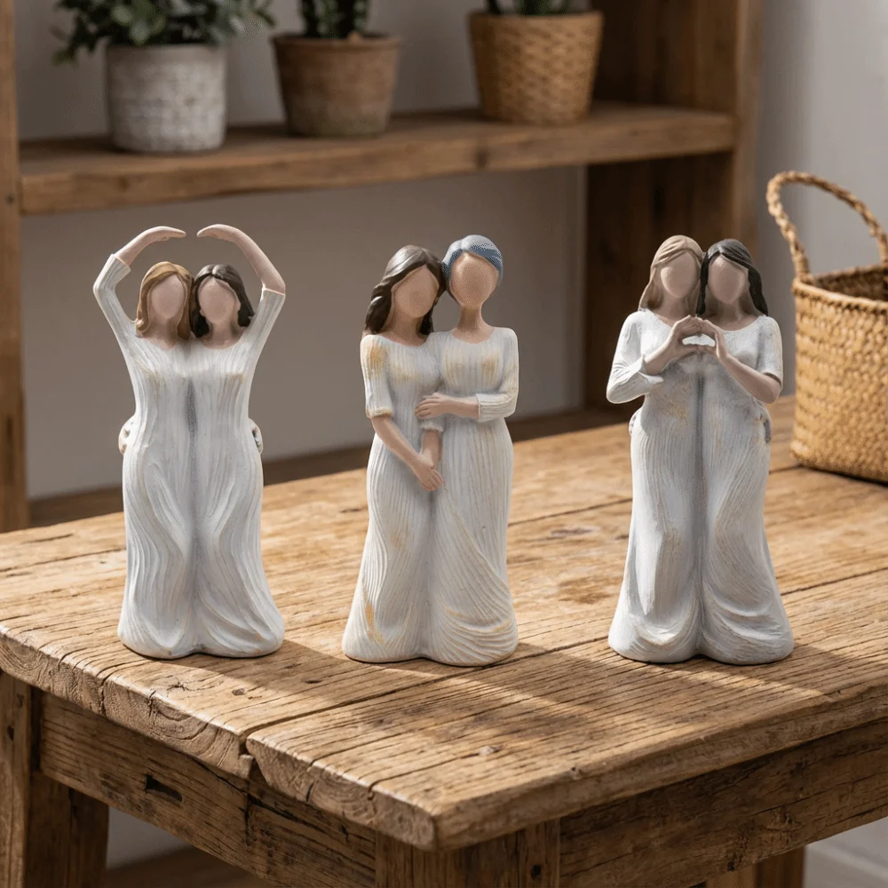 Sister Mother and Daughter Statue Resin Craft Hand-Painte Mom Daughter Finger Heart Sculptures Elegant Modern Family Sculpture