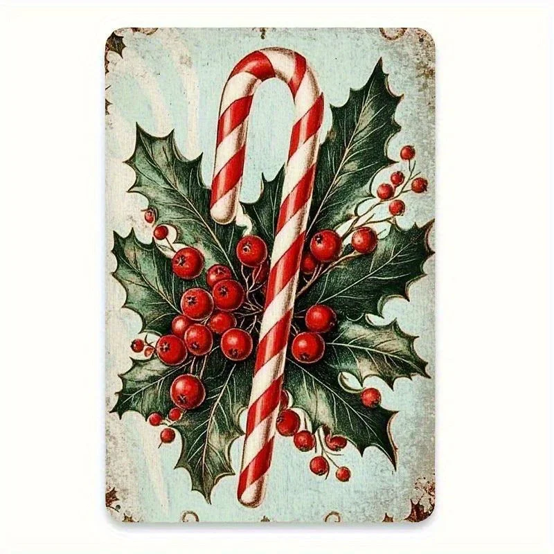 Tin Painting, Print Holly and Mistletoe Vintage Christmas Illustration, Iron Material, Perfect for Bathroom, Room, Bar, Field,