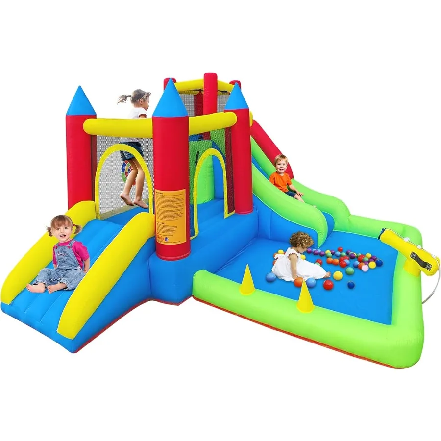 

Bounce House для детей 3-6 лет Надувной надувной замок 9 в 1, двойные горки, батут, настенная яма для скалолазания и игровые канны