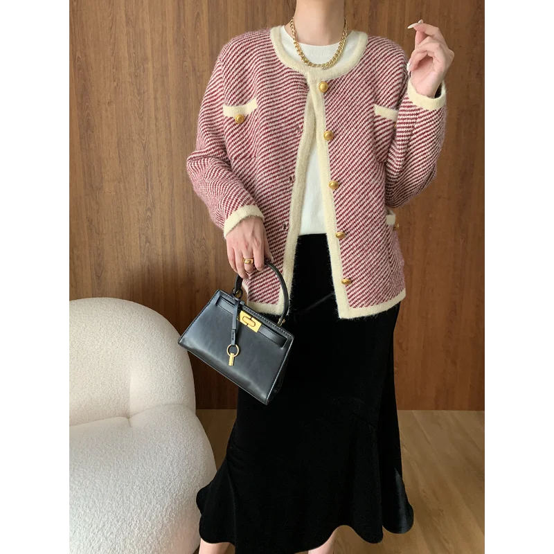 Women Casual Twill Contrast Color Knitted Cardigan French Autumn Winter Long Sleeve Versatile Warm Loose Small Fragrance Jacket