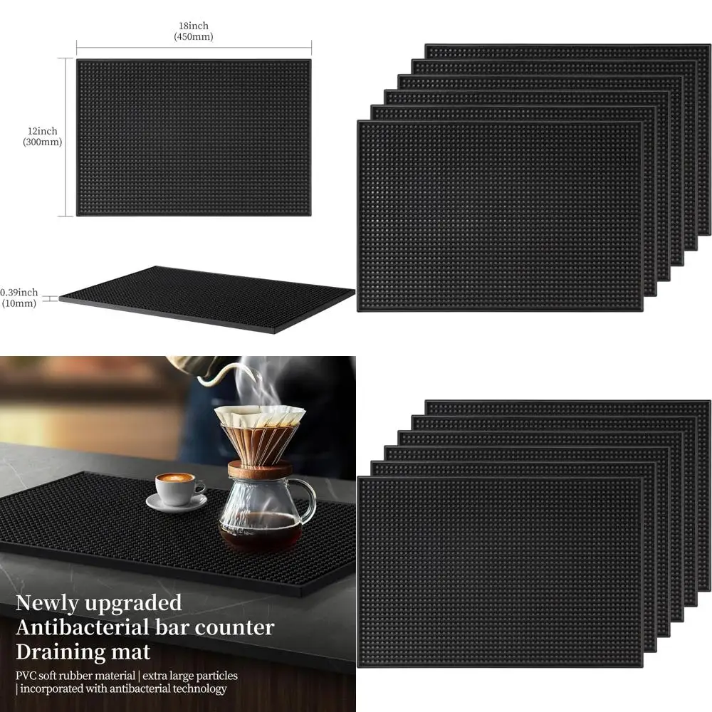 

Set of 6 Black 18x12 Inch Bar Mats for Home Use, Protective Countertop Cover, Ideal for Bartending and Kitchen, Dish Drying, and