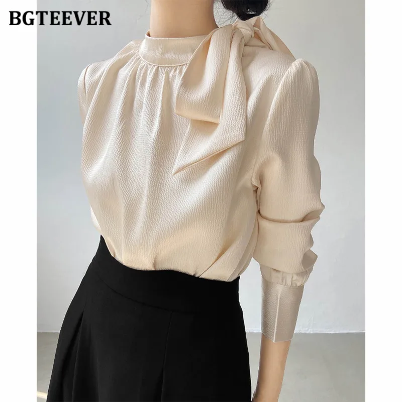 BGTEEVER Stylish Bow Neck Ladies Satin Blouses Autumn Elegant Loose Female Pullovers Tops Long Sleeve Women Shirts