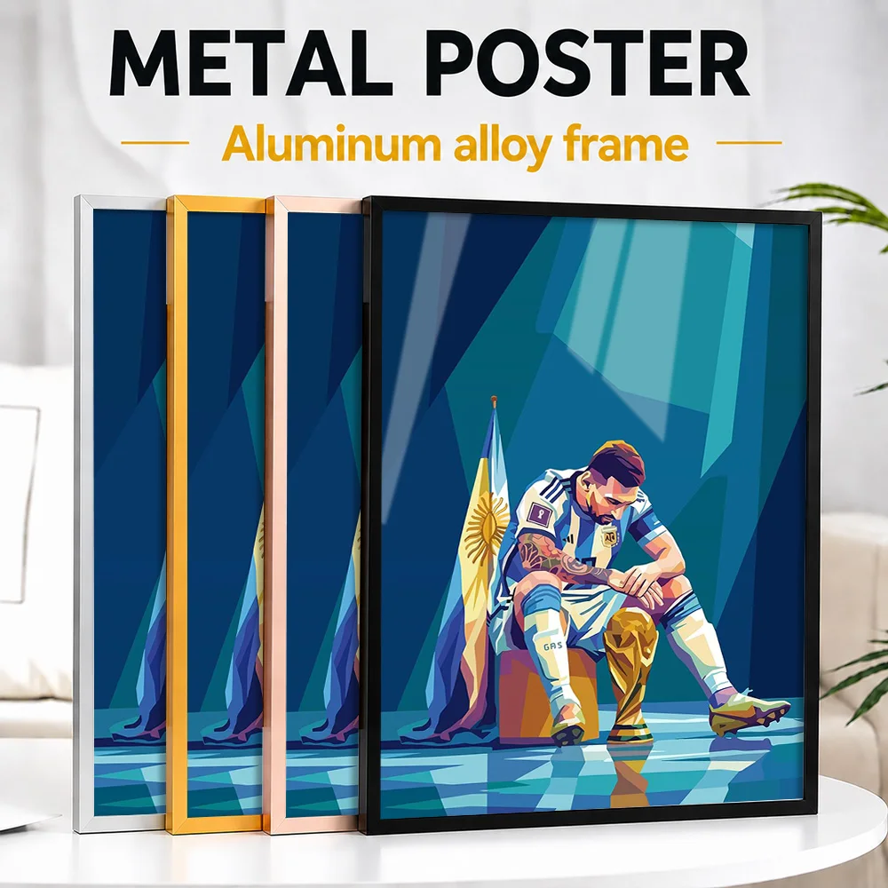 Lionel Messi Seated With Trophy Framed Aluminum Metal Poster Personalized Illustration Wall Art For Clubhouse Reception Area