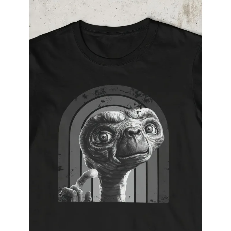 Humorous Men's Retro T-shirt, 1980s Style, Alien Pattern Summer New Style, Suitable for Both Men and Women, High Street T-shirt