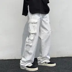 2024 Men Cargo Pants Black White Casual Pants Men's Loose Straight Wide Leg Pants Men Hip-hop Pocket Cargo Pants Mens Trousers