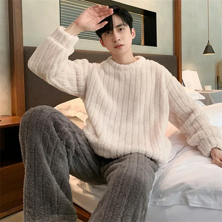 Casual Men\'s Autumn Winter Warm Pajamas Set Warm Coral Fleece Striped Pullover + Plush Pants 2Pcs Sleepwear Male Loose Homewear