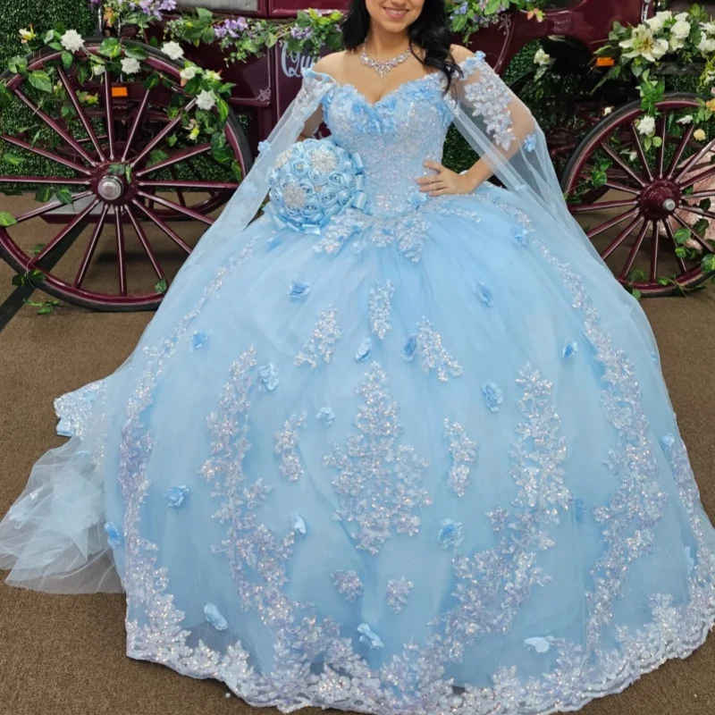Vestido de Quinceañera Azul con Hombros Descubiertos, Brillantina y Flores 3D, Cola Larga, Vestidos de 15 Años ﻿ Personalizar