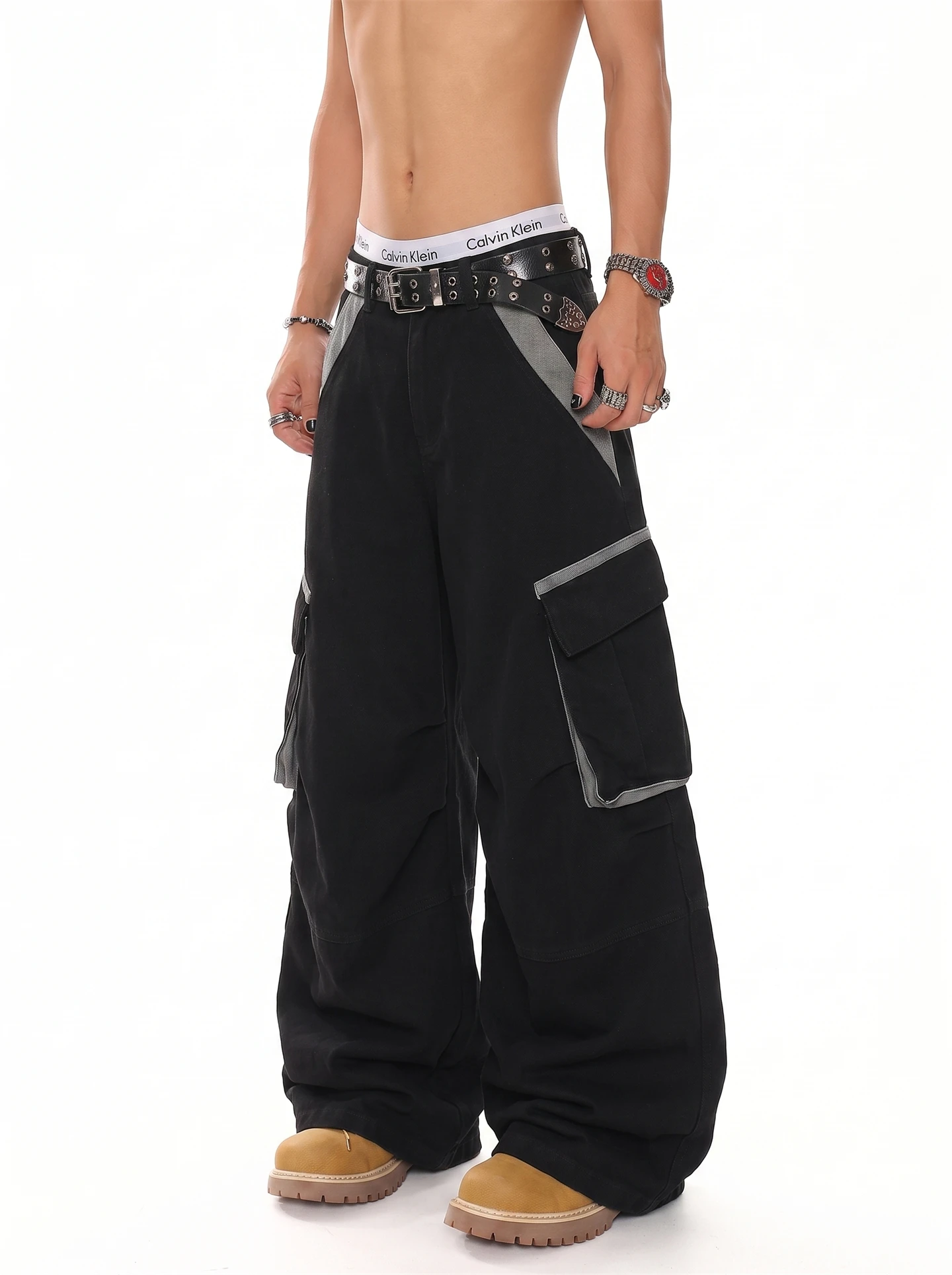 American High Street Color Block Multi Pocket Cool Loose Wide Leg Casual Workwear Long Trousers for Men Summer Breathable