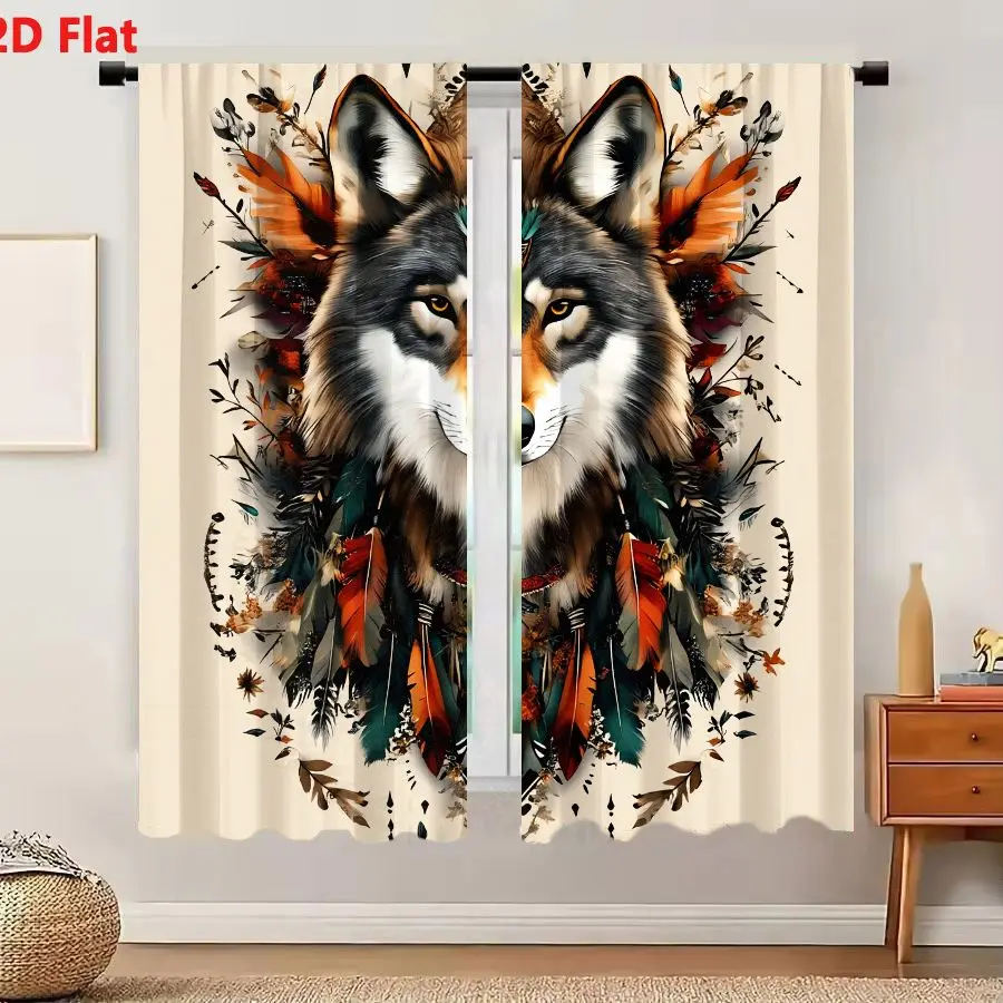 2Pcs Curtains 2D Flat Wolf Head With Turquoise Ornament And Feather Adornments On Beige Background Window Drapes for Bedroom Roo