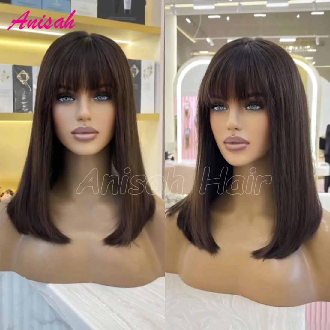 

Бразильские темно-коричневые цветные парики из натуральных волос на кружеве спереди Короткие парики из натуральных волос с челкой Бесклеевые парики для женщин