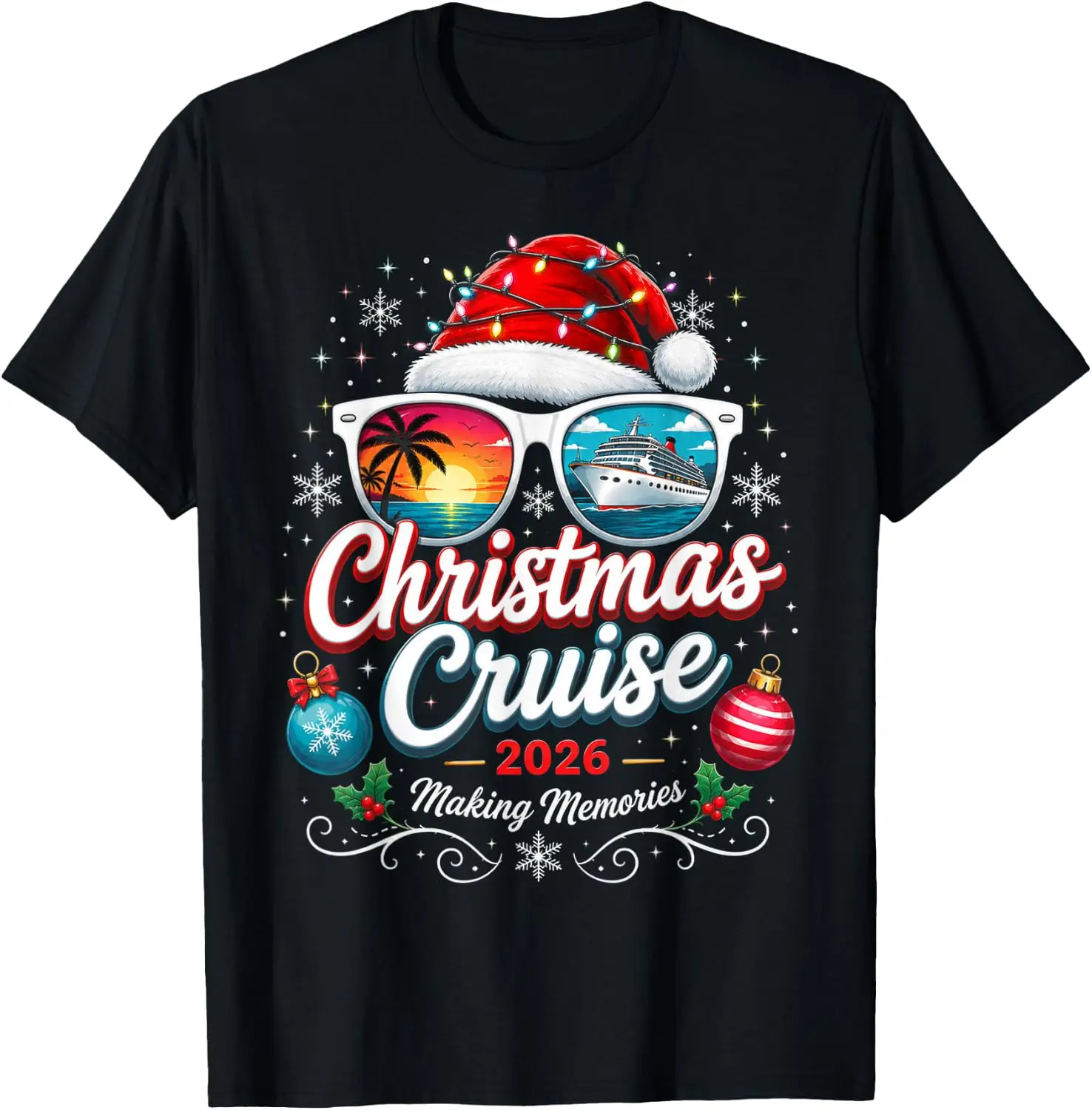 Christmas Cruise 2026 Matching Family Vacation Santa Hat T-Shirt Men Women Unisex Novelty Graphic T‑Shirt, Classic Crew Neck 100% Cotton Tee, Lightweight Anti‑Pilling Breathable Casual Tops, Year‑Round Daily Outfit, Holiday Birthday Present Tee