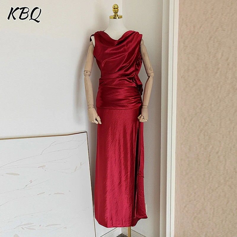 

KBQ Solid Spliced Folds Slimming Chic Dresses For Women Round Neck Sleeveless High Wiast Temperament Dress Female Fashion New