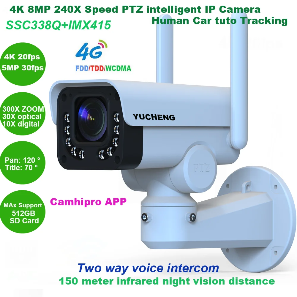 CamHipro 8MP 4G wireless 240X ZOOM Humanoid Auto Tracking IR PTZ Speed IP Camera Dual light source Wiper 256GB MIC Speaker