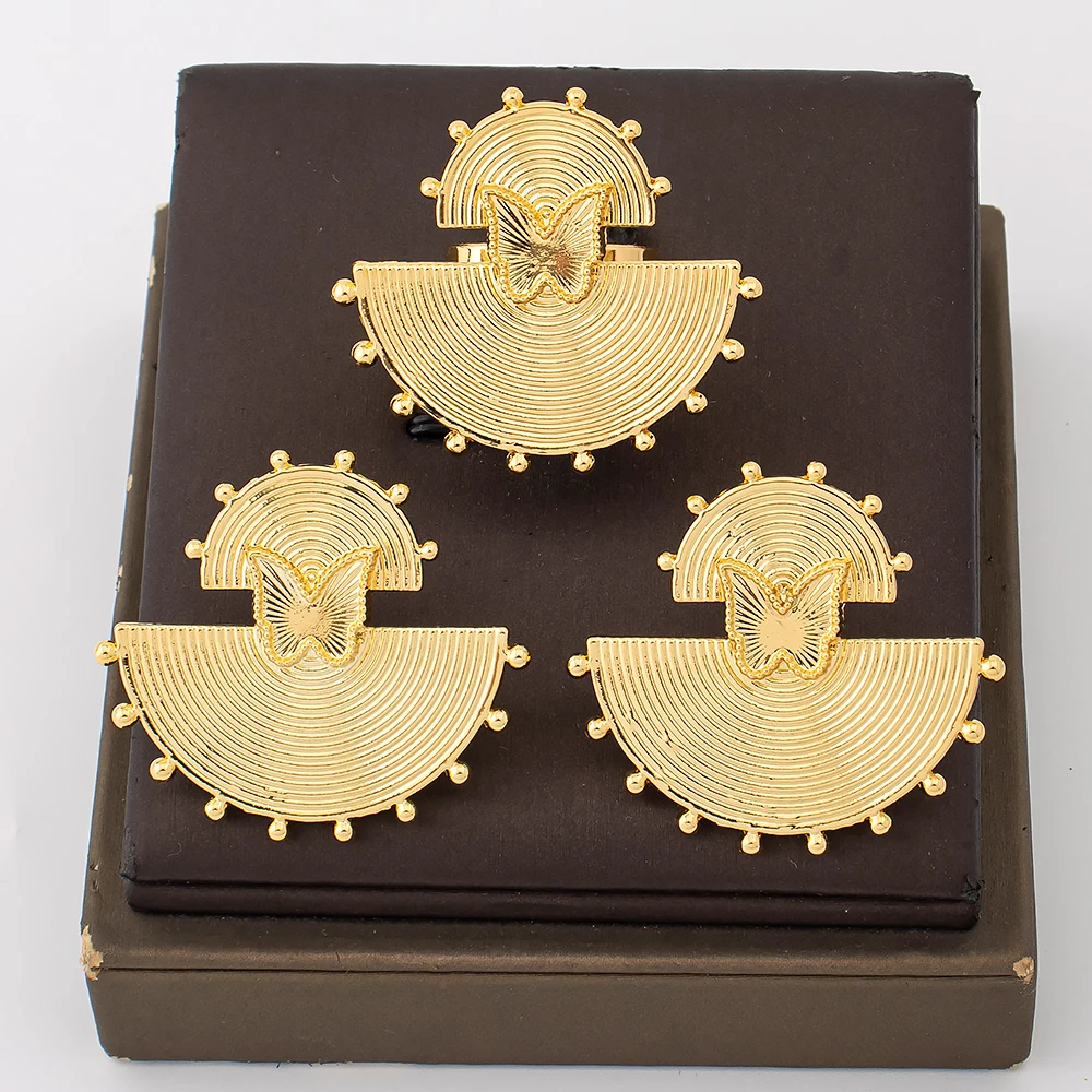 18K Gold Plated Fan‑Shaped Butterfly Embossed Statement Earrings & Ring Set For Women Luxury Wedding Party Accessories Gift