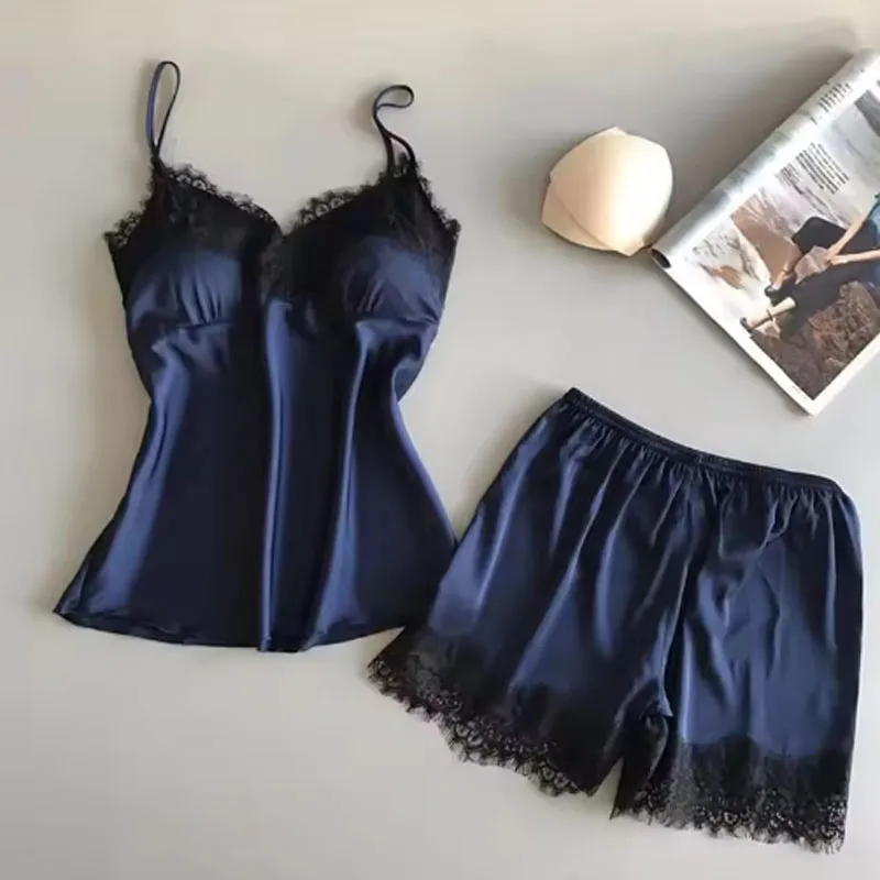 Women Pajama Suit Fashion V-Neck Lace Sexy Lingerie Pyjamas Sleep Shorts Set New Sleepwear