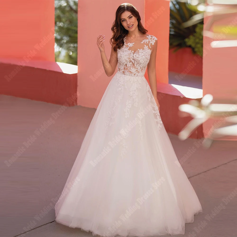 

2025 Round Neck A-Line Women Wedding Dresses Customized Elegant Lace Flower Print Sleeveless Bridal Gowns Embellishments Robes