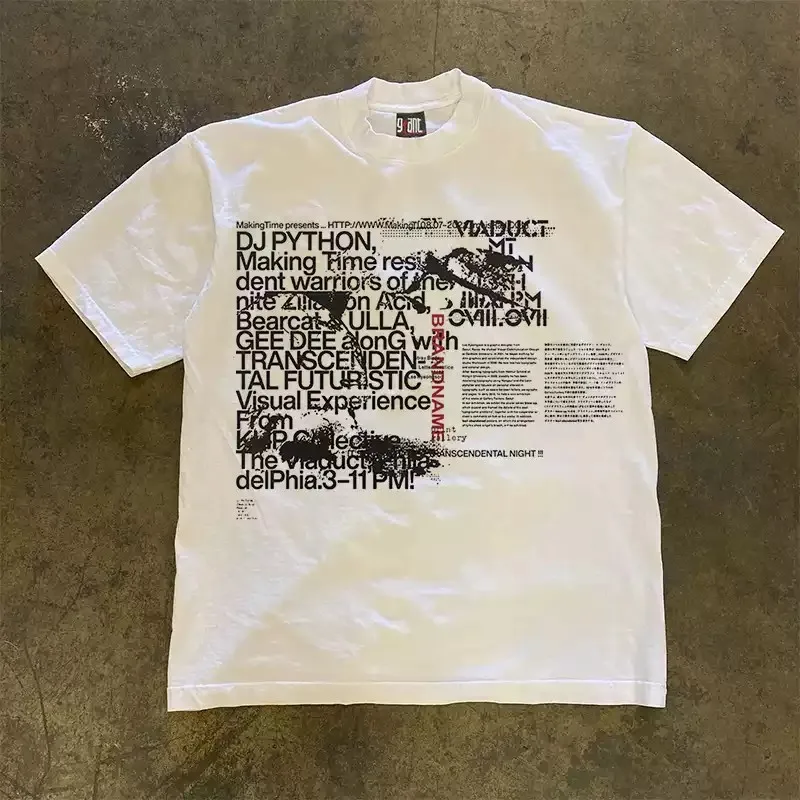 Vintage Grunge Text Collage Graphic T‑Shirt Men Women Retro Distorted Typography Art Print Unisex Loose Heavy Cotton Short Sleeve Techno Streetwear White Tops.