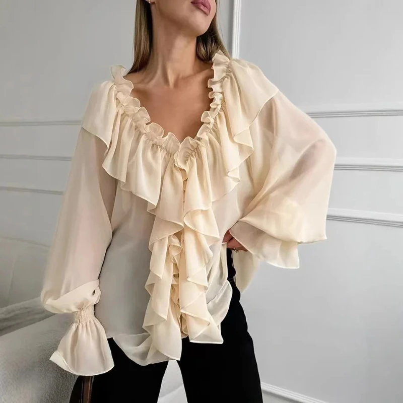 2025 Spring Autumn New Ruffle Loose V-neck Hooded Chiffon Sweater White