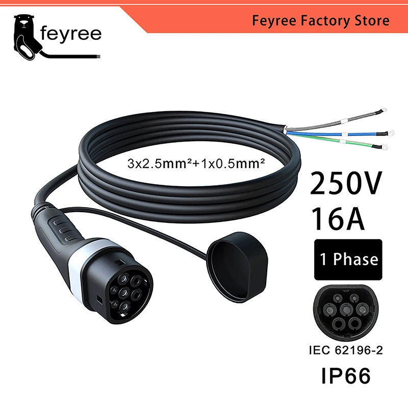 Feyree 전기 자동차용 EV 충전기 케이블, 타입 2, 32A, 7KW, 암 플러그, 16A, 3.5KW, 3 상, 11KW, 22KW, IEC62196-2 코드