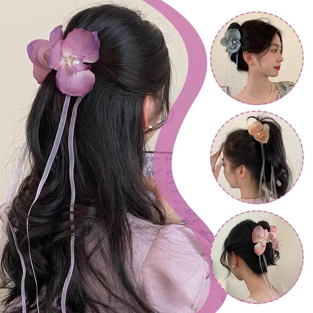 Orchid Flower Claw Clip para Meninas, na moda Vintage Fita Hairpins, presilhas Clip, Tassel Headwear, Ponyt Acessórios, N5h7