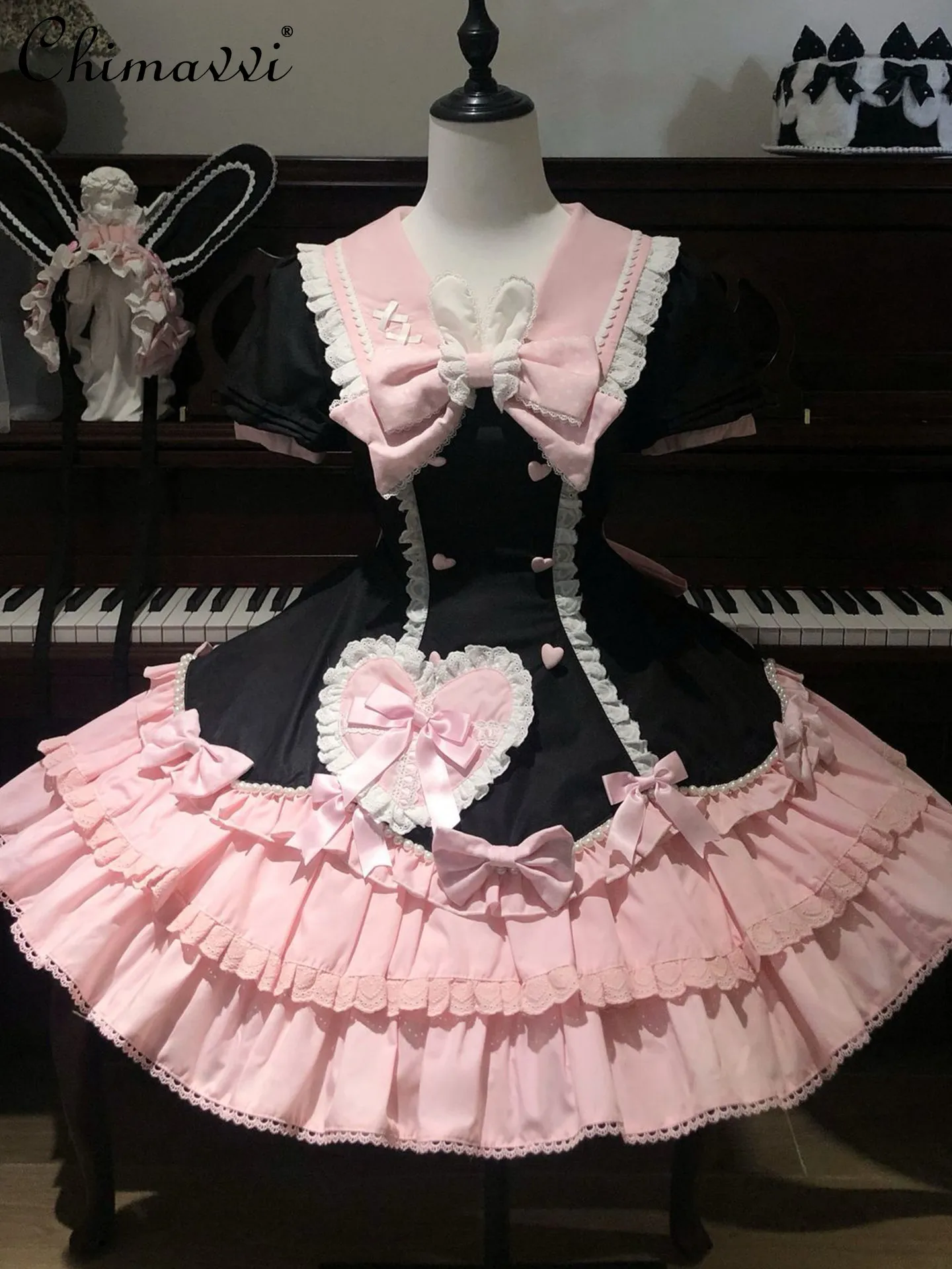 2026Girls Princess Temperament Lolita Dress Black and Pink Cute Lolita OP Dress Spring Summer New Sweet Navy Collar and Cute Bow