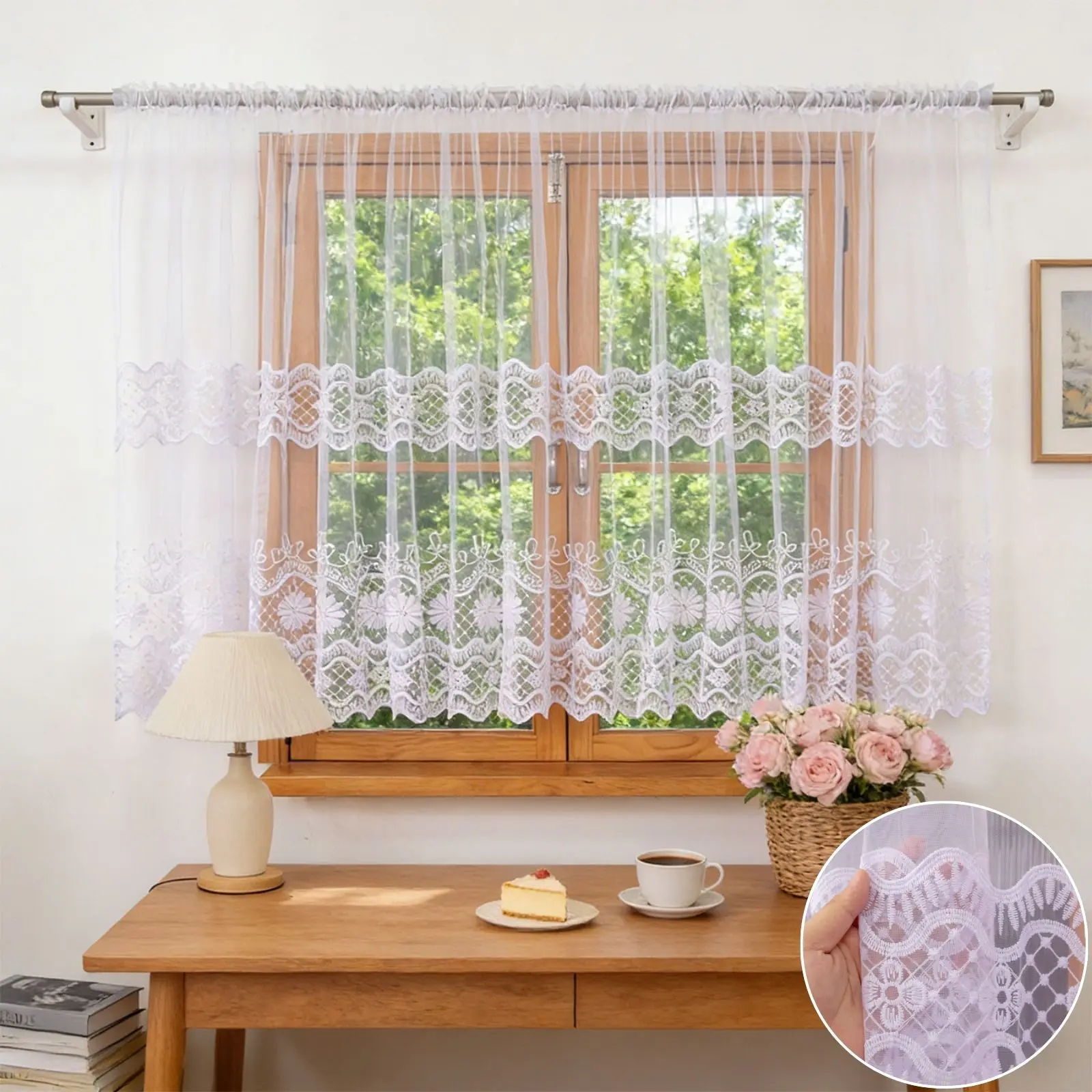 1PC Rural Floral Lace Embroidered Sheer Curtain, Wave Trim Semi Transparent Drape, For Living Room, Sweet Housewarming Gift