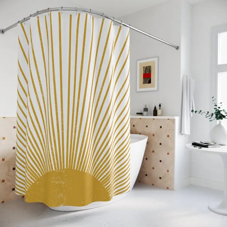 Mid Century Modern Sun Boho Shower Curtain, Retro Mcm Decor Funky Bathroom, Mustard Yellow Vintage Style Distressed Sunburst